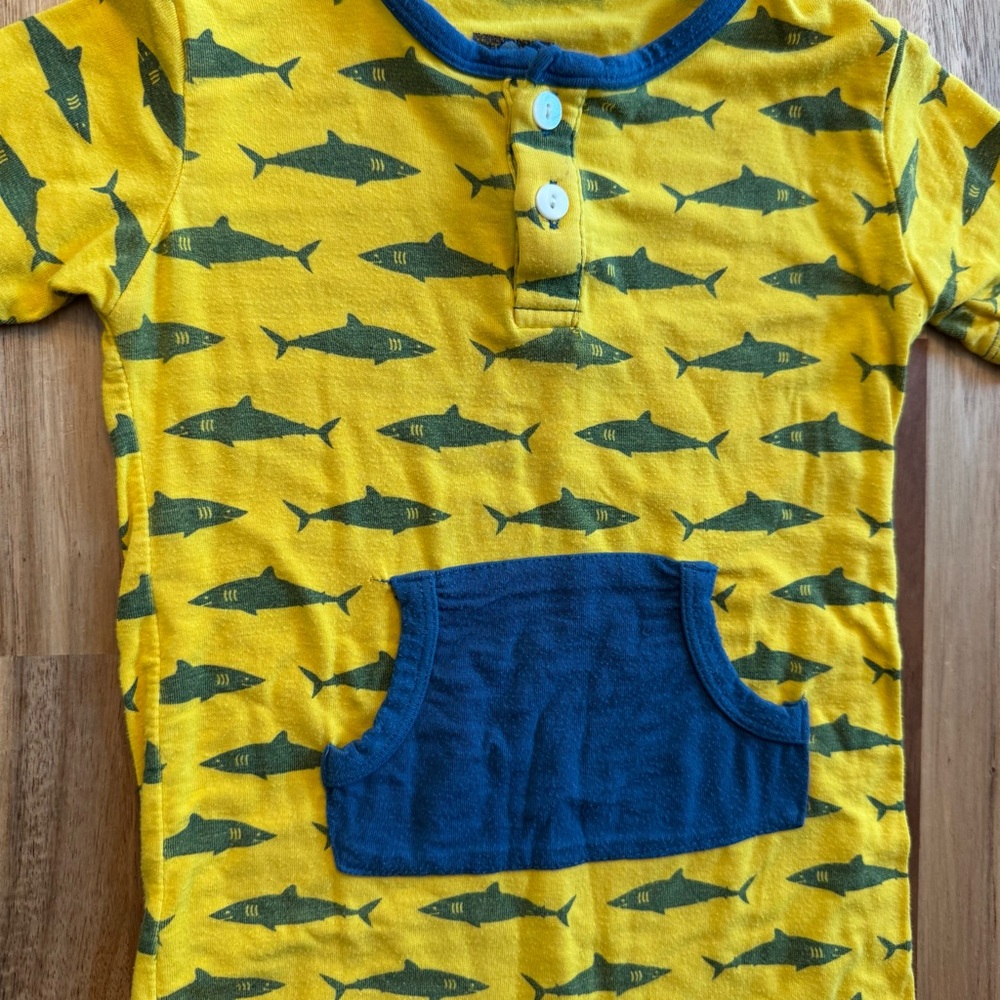 KicKee Pants Shark Print Romper Yellow Blue Henley Bamboo Viscose‎ 3-6 Months
